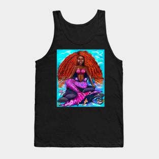 Black mermaid with flowing red locks singing , brown eyes Afro hair and caramel brown skin Tank Top